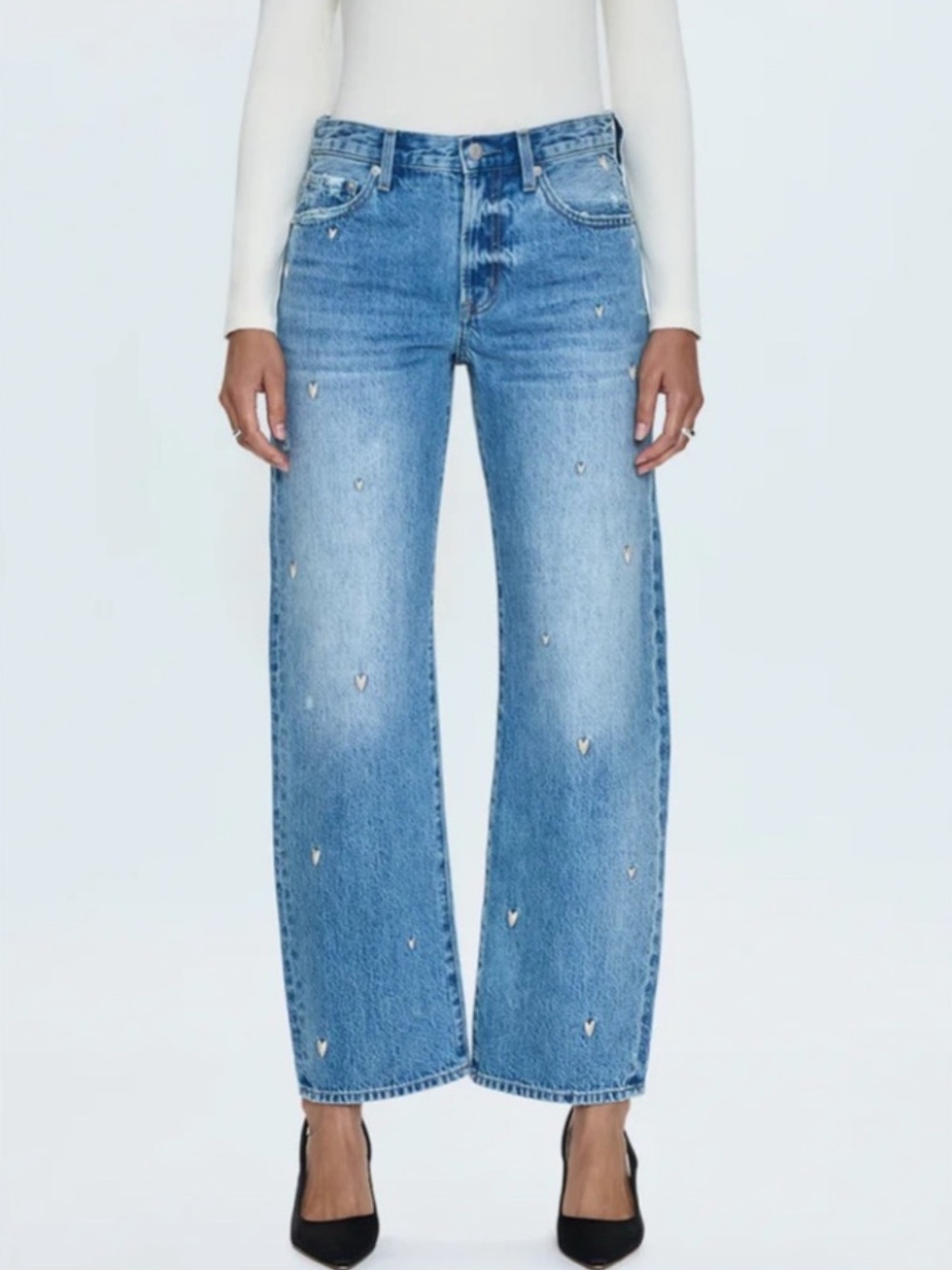 Pistola Lexi Embroidered Hearts Mid Rise Bowed Straight Jeans Blue Size 28